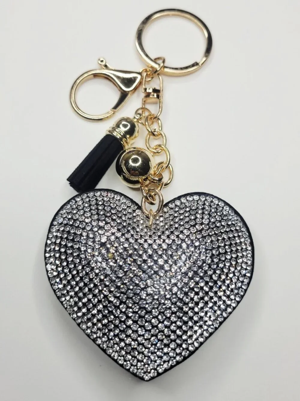 NWT Large Black, Silver And Gold Sparkle Heart Keychain, Bag Charm With Tassel